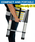 12.5 Foot Portable Aluminum Telescoping RV Ladder Heavy Duty, Rust Resistant, Fits Lippert On The Go Receiver, Easy Folding Design For Rooftop Access And Camp Life, compact folded ladder held by person