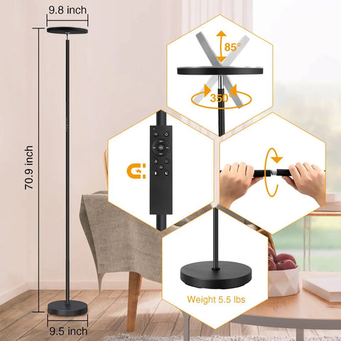 Bright LED Floor Lamp 30W 3000LM Torchiere, black, with remote, touch control, dimmable, adjustable head, in living room setup.