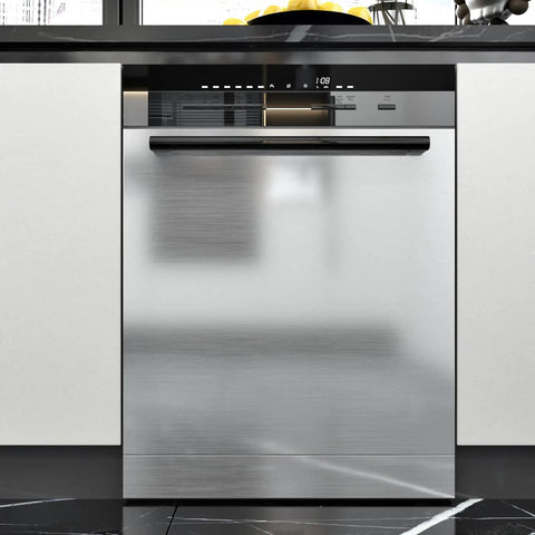 Metallic Silver Peel And Stick Contact Paper For Appliances And Kitchen Surfaces applied to dishwasher in modern kitchen.