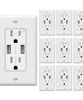 10 Pack 3.6A USB Wall Outlet Charger, Dual USB Ports With 5V 3.6A Total, shown with ten tamper-resistant white outlets.