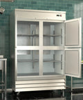 54 Inch 41 Point 3 Cu Ft Commercial Freezer Heavy Duty Four Half Door Stainless Steel Reach In Unit With Six Adjustable Shelves Digital Temp Control, open view