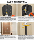 Installation steps for Black 4 Inch Self Closing Door Hinges shown with screwdriver, demonstrating adjustable closing.