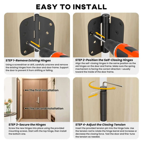 Installation steps for Black 4 Inch Self Closing Door Hinges shown with screwdriver, demonstrating adjustable closing.