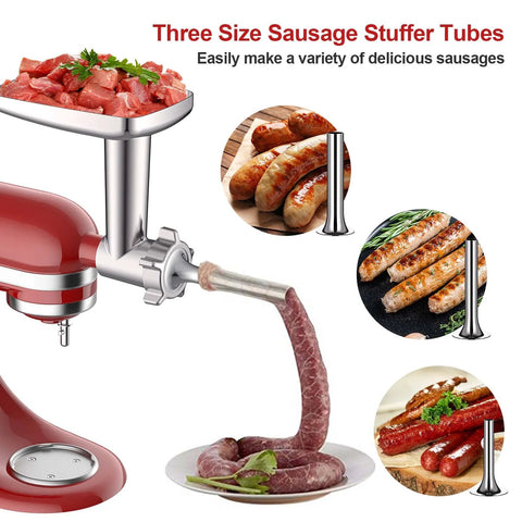 Metal meat grinder attachment for KitchenAid stand mixer; front view with grinding plates and sausage-stuffer tubes