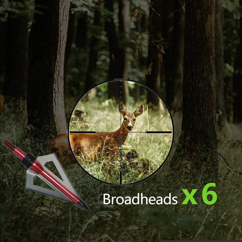 Deer in crosshairs with a broadhead, highlighting the hunting use of 20 Inch Carbon Crossbow Bolts With Broadheads Set