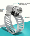 Close-up of 90 Pack 6 Sizes Stainless Steel Hose Clamps Kit 304 Grade Heavy Duty Worm Gear Clamps with smooth edge and rust resistance.