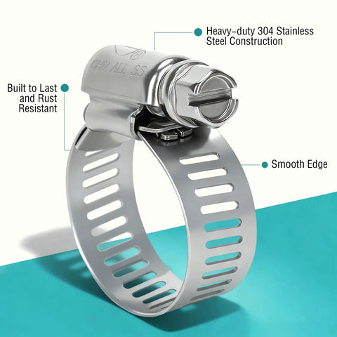 Close-up of 90 Pack 6 Sizes Stainless Steel Hose Clamps Kit 304 Grade Heavy Duty Worm Gear Clamps with smooth edge and rust resistance.