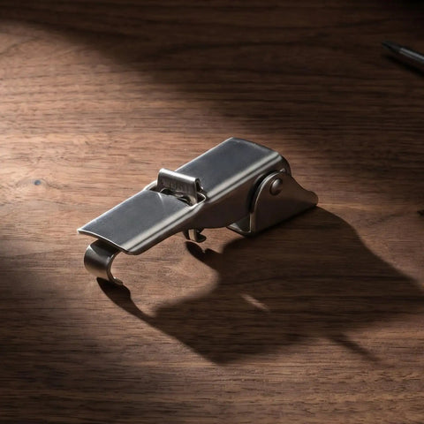 Heavy Duty Adjustable Toggle Latch Stainless Steel 304 on wooden surface, designed to secure industrial toolbox storage box.