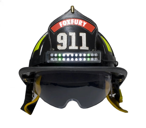 Helmet with Intrinsic Tasker Heavy Duty Fire White Green LED Helmet Light, front view on the visor, designed for firefighting.