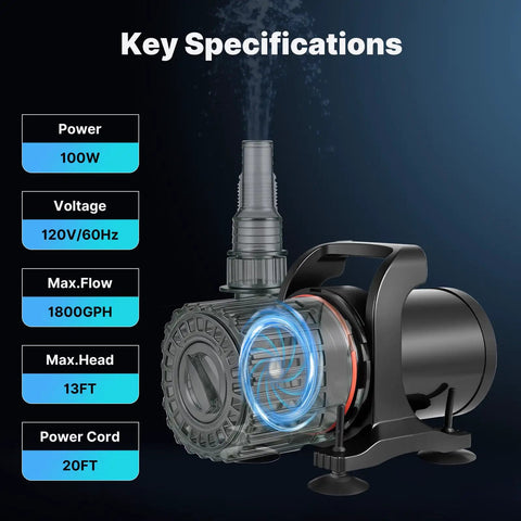 Beast Mode Adjustable Flow Pond Pump Up To 1800 GPH And 14 Ft Lift Submersible 100W specifications