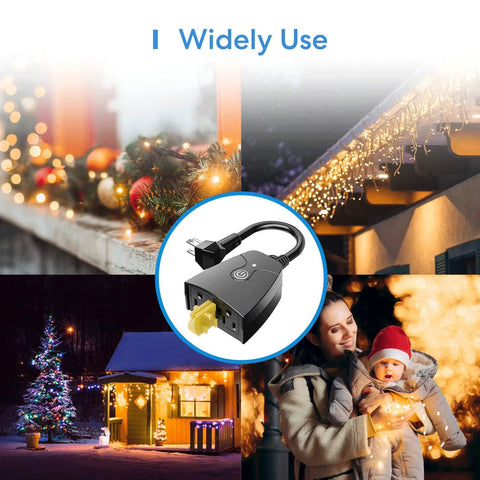 Outdoor Smart Plug With Dual Grounded Outlets, Weatherproof WiFi Outlet pictured with Christmas lights and decorations at night.