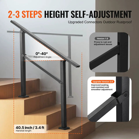 Built Tough Outdoor Handrails For Steps 2 To 3 Step Stair Rail Kit Black Carbon Steel with height adjustment on stairs.