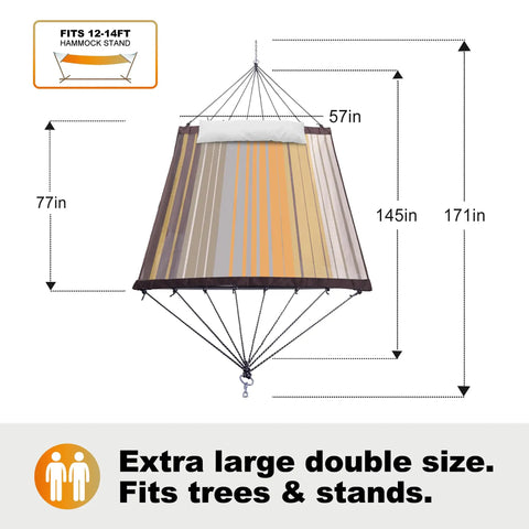 Front view of a 14 Foot Two Person Outdoor Hammock With Quick Dry Textilene Fabric with dimensions shown.