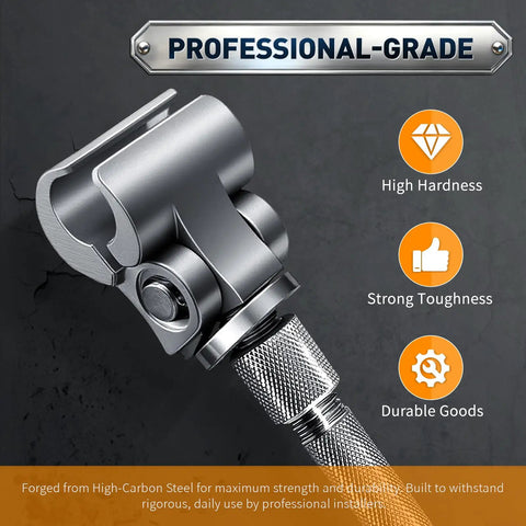 Close-up of New Gen Pro Grade Door Hinge Adjustment Tool, stainless steel head, ergonomic handle, labeled professional-grade.