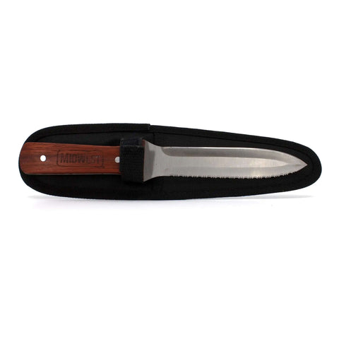 Flex Duct Knife with 5 Inch Stainless Blade, contoured wooden handle, nylon sheath, built for tough HVAC ductwork, full tang durability.