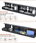 Under Desk Cable Management Tray 32 inch Steel Cord Organizer No Drill C Clamp and Screw Mount showing cable and stationery storage.