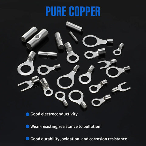 600 Piece Non Insulated Ring Terminal Kit And Butt Fork Connectors Set For AWG 22 To 10 Copper Wire displayed on black background