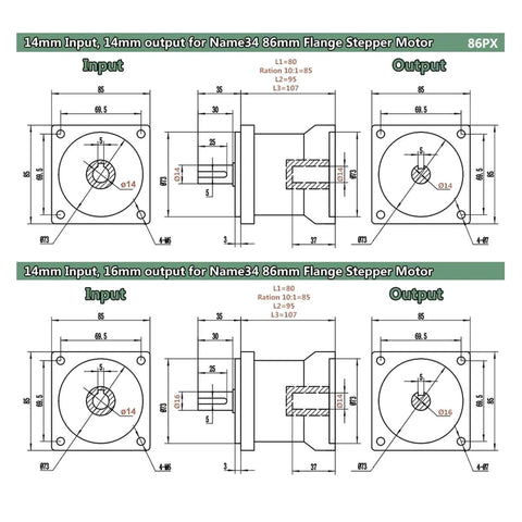 Technical drawing of Planetary Gearbox Motor Reducer 86mm Stepper Gearbox for Textile Machines showing 14mm input/output details