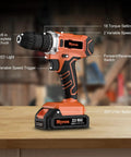 21V Cordless Drill Kit With 3/8 Inch Keyless Chuck and LED Light displayed in workshop setting