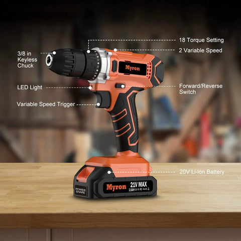 21V Cordless Drill Kit With 3/8 Inch Keyless Chuck and LED Light displayed in workshop setting