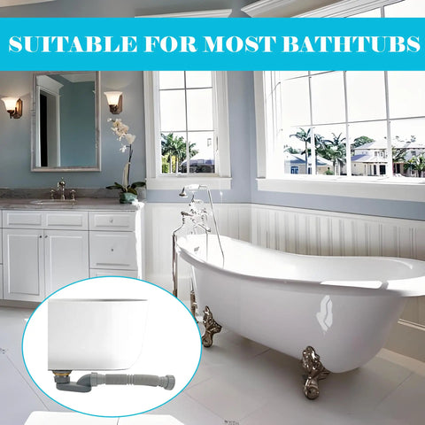 One Point Five Inch Low Profile Tub Drain Kit With Flexible P Trap And Easy Turn End Nuts For Freestanding Clawfoot Tubs And RV Showers, shown in elegant bathroom setting.