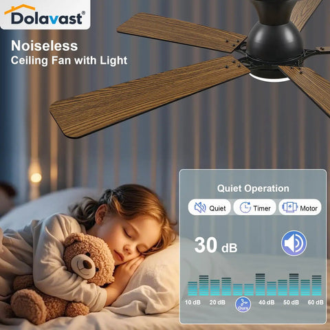 52 Inch Black Low Profile Ceiling Fan With Light And Remote Flush Mount Reversible DC Motor Dimmable LED 3CCT Quiet Smart App Control For Bedroom Or Living Room