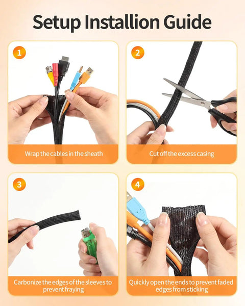 Setup instructions for No Fuss Chew Proof Wire Loom, 10 Foot Expandable Cable Sleeve Protector for cable management.
