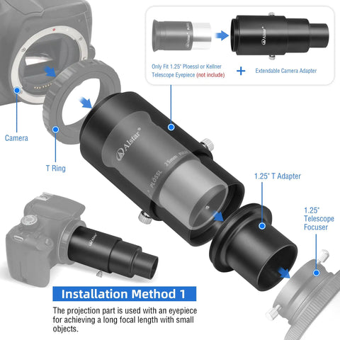 1.25 Inch Extendable Camera Adapter For Prime Focus Or Eyepiece Projection Astrophotography With Refractors And Reflector Telescopes Threaded For Standard 1.25 Inch Astronomy Filters Easy Setup For Beginners And Pros detailed installation method diagram showing connection to camera and eyepiece.