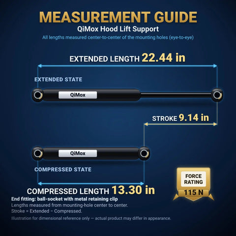 Measurement guide for Beefed Up Front Hood Lift Supports For MDX 2007 2013 Front Struts Easy Bolt On Install Meets OEM Specs