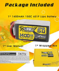 R-Line Version 5.0 6S 22.2V 150C 1400mAh LiPo battery pack with package contents including user manual and box