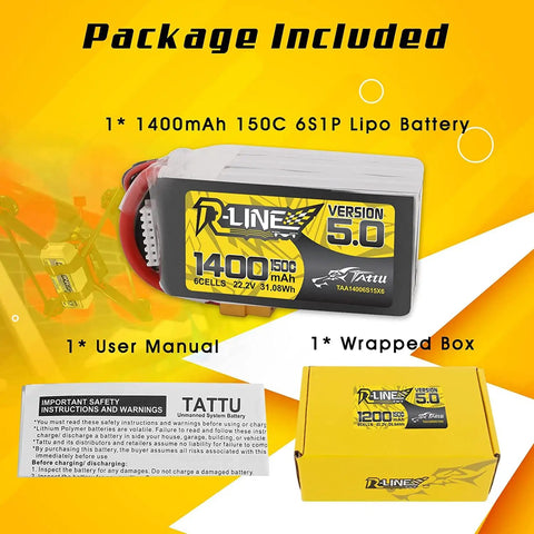 R-Line Version 5.0 6S 22.2V 150C 1400mAh LiPo battery pack with package contents including user manual and box