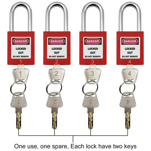 Pro Grade LOTO Lockout Kit For Electrical Systems With Clamp On Universal Multi Pole Breaker Lockout Tags Hasps And Pocket Bag Heavy Duty Nylon Pouch OSHA Compliant Safety Set For Group Lockouts Bigger Red Kit - four keyed locks with labeled keys
