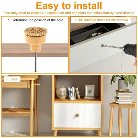 Grab These Snazzy Wooden Rattan Furniture Knobs And Pulls For Your Dresser Or Cabinet, Featuring Easy Single Hole Installation, Stylish Round Weave Design, And Durable Build Ideal For Upgrading Kitchen Cupboards Bedroom Drawers Or Bathroom Storage Units. Wooden rattan cabinet knob with screw, single-hole install on dresser drawer