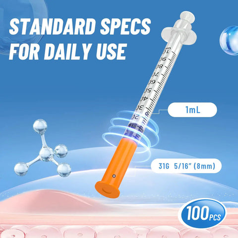 One Milliliter Syringe 31G Go To Lab Gear Five Sixteenth Inch 8mm Length U100 Individually Wrapped Pack Of 100 For Precise Dosing And Leak Proof Sealing 1mL syringe, 31G, 5/16 in (8mm), pack of 100