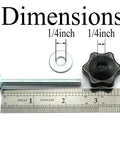 Eight Piece T Track Knobs Kit With Hex Head Nuts Full Thread Bolts And Washers showing dimensions with ruler.
