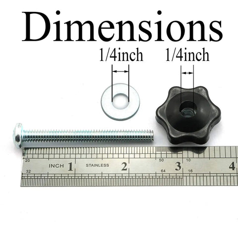 Eight Piece T Track Knobs Kit With Hex Head Nuts Full Thread Bolts And Washers showing dimensions with ruler.