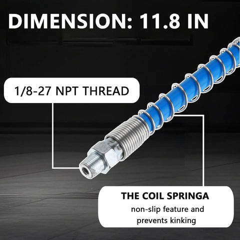 Pro Grade All In One Grease Gun Accessories Kit With 12 Inch Flexible Hose, blue coil spring, and NPT thread fitting