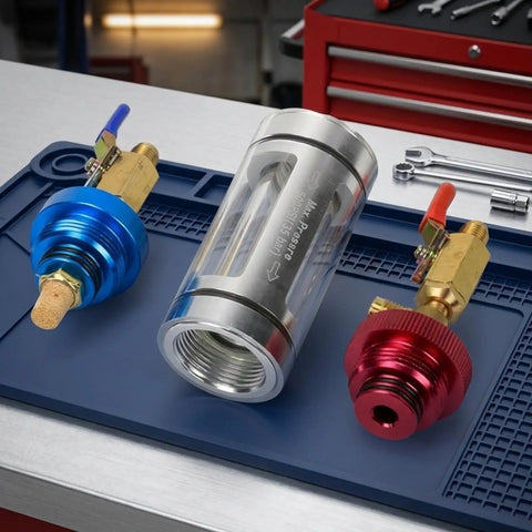 JurwheeR AC Oil Filter Kit With Visual Coolant Inspection Tool and Transparent Tube showcasing brass valves and transparent sight glass.