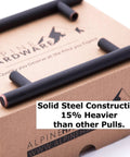 Solid Stainless Steel Euro Bar Cabinet Handle Drawer Pull One Half Inch Diameter Five And Three Eighths Inch Length Three Inch Hole Center Oil Rubbed Bronze Finish Ten Pack Durable Modern Kitchen Cabinet Hardware on box with text 'Solid Steel Construction'.