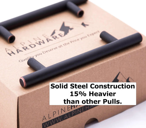 Solid Stainless Steel Euro Bar Cabinet Handle Drawer Pull One Half Inch Diameter Five And Three Eighths Inch Length Three Inch Hole Center Oil Rubbed Bronze Finish Ten Pack Durable Modern Kitchen Cabinet Hardware on box with text 'Solid Steel Construction'.