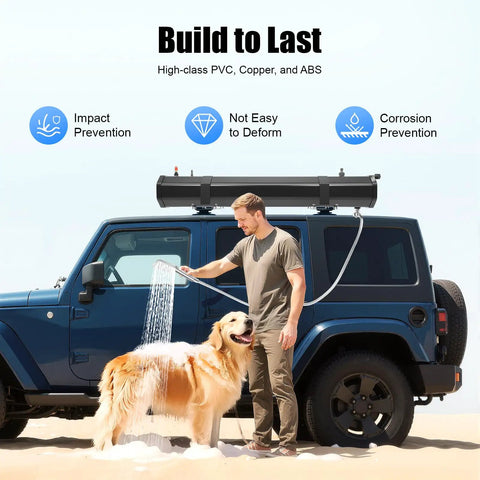 Man using the Self Pressurized Portable Car Shower System For Outdoor Rinse Camping Beach And Surf Trips Hiking And Fishing Off Road SUV And RV Ready 7.93 Gallon Water Capacity For Quick Cleanups to wash his dog by a blue SUV.