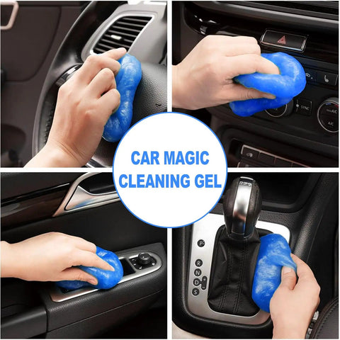Hands using cleaning gel on car vents, dashboard, gear shift, and window controls; part of 7 Piece Must Have Car Detailing Brush Kit
