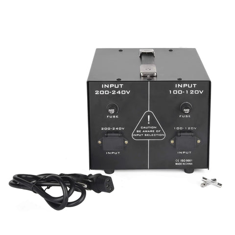 Front view of Beefy 3000W Auto Step Up Step Down Voltage Transformer Converter For Home Use with visible outlets and plug