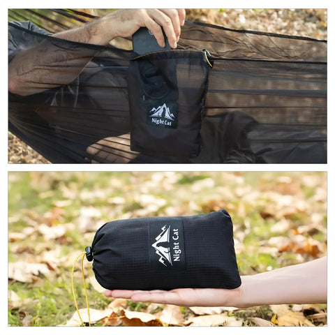 Person holding Ultralight Pocket Hammock For Solo Adventures in pocket, tear-resistant HMPE, ultra compact bag in hand on grass.