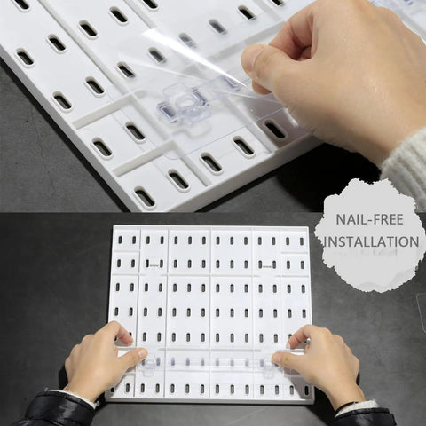 Pegboard Wall Storage Kit With Four White Pegboards And Fourteen Hanging Accessories being installed without nails