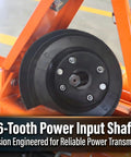 Close-up of 45 Inch Rotary Tiller Attachment Workhorse Heavy Duty For Tractor With Cat 1 3 Point Hitch PTO Driven 540 RPM gearbox