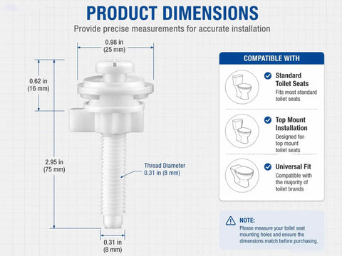 Heavy Duty Toilet Seat Screws Replacement Kit With Universal Bolts And Plastic Screw Cover Caps For Standard And Elongated Toilets No Sweat Bathroom Hardware Refresh dimensions illustration for installation.