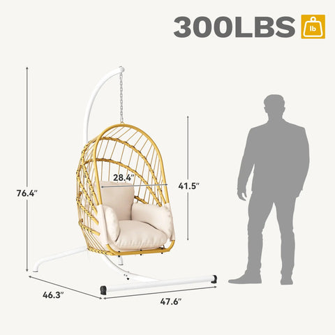 Beige Wicker Egg Chair With Stand For Indoor And Outdoor Use Foldable Hanging Hammock Cushions Included 300 Lbs Capacity