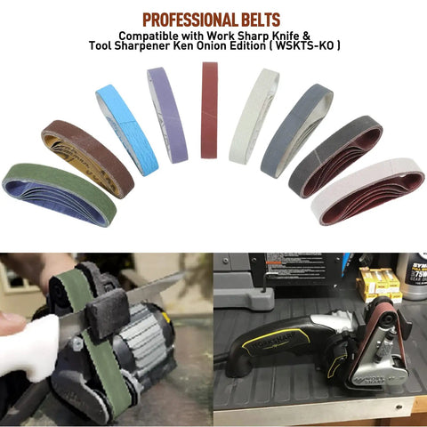 Replacement Sanding Belt Kit 3/4x12 for Ken Onion Edition Knife Sharpener, 45 Belts, shown on work table and sharpener.