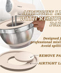 Airtight lid with remove part on 4 Qt stainless steel mixing bowl, part of Eight Piece Khaki Stainless Steel Nesting Mixing Bowls With Airtight Lids.